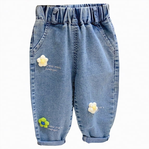 Gubotare Girl Jeans Adjustable Waist Pants for Girls Toddler Summer Strap Jeans Elastic High Waist Slim Flare Trousers Fashion Loose Pant 2T 3T (White,2-3 Years)