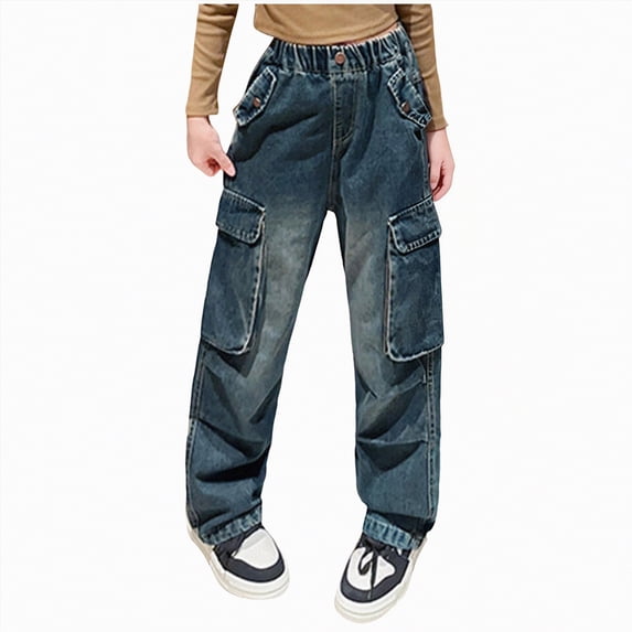 Gubotare Girl Jeans Youth Girls High Waisted Straight Leg Jeans Denim Long Pants with Pocket Size 13-14 (Blue,13-14 Years)