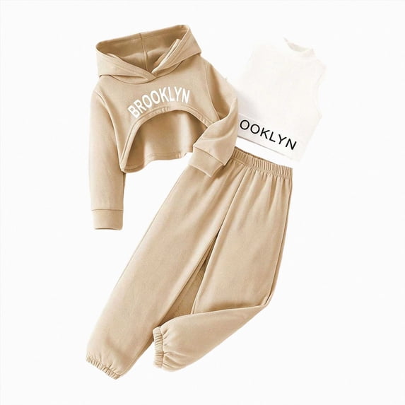 Gubotare Girl Pant Set 3 Piece Outfits Cropped Hoodie Tank Top + Sweatpants Teen Girls Winter Fall Clothes 3T 4T (Khaki,3-4 Years)