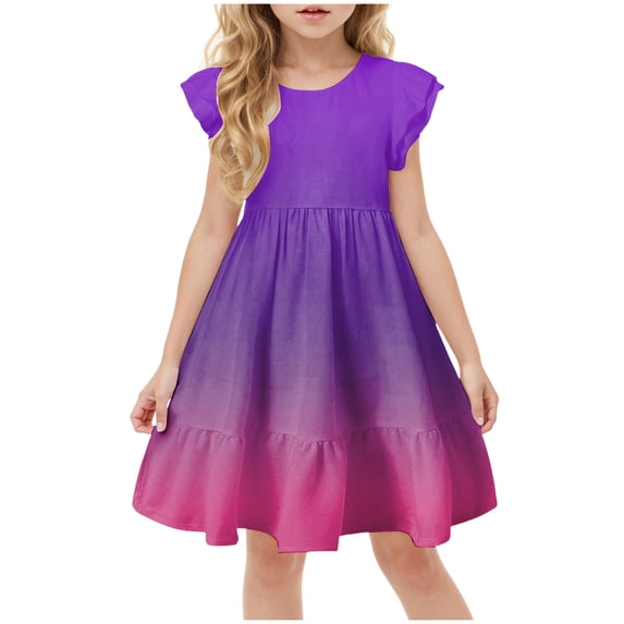 Gubotare Girl Toddler Dresses Girls Dress Ruffle Sleeve Hem Sundress Round-Neck Belt (Dark Purple,Size 7-8 Years)