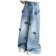 thumbnail image 1 of Gubotare Girls 3D Flower Pattern Wide Leg Jeans Retro Loose Y2K Elastic High Waist Denim Pants Casual Trendy Trousers,Blue,8-9 Years, 1 of 9