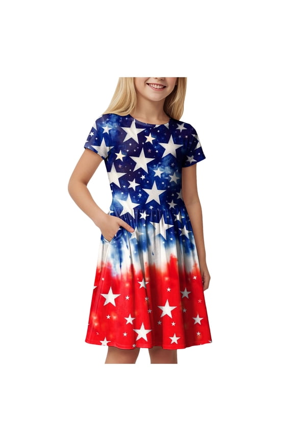 Girls 4th of July Dress Toddler Girl Outfit Smocked Dress Flutter Sleeve Retro Plaid Dress Cake Smash (Red,Size 13-14 Years)