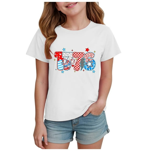 Gubotare Girls 4th of July Shirt Girls' T Shirts Short Sleeve Summer Shirts Fashion Crewneck Tops Tee Blouse (White,Size 3-4 Years)