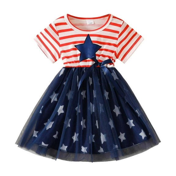 Gubotare Girls American Flag Dress Baby Girl Spring Floral Ruffle Dress Dress Short Sleeve Summer Outfit Casual Toddler Dress (Blue,Size 5-6 Years)
