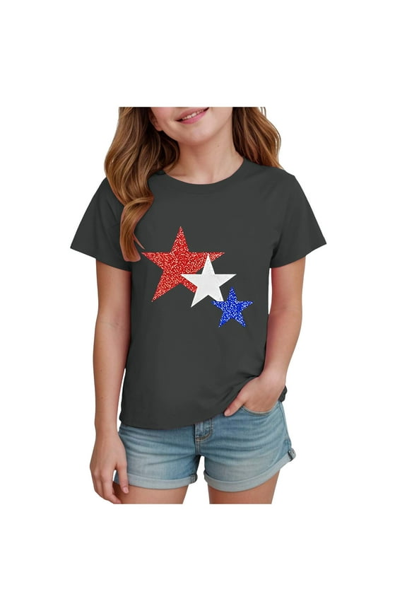 Girls American Flag Shirt Girls' Shirt Casual Short Sleeve Fashion T Shirt for Girls Kids' Graphic Tee Youth Top (Blue,Size 7-8 Years)