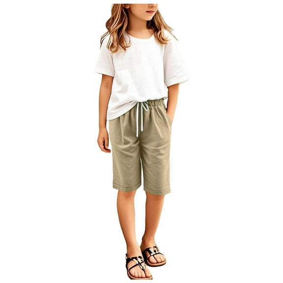 Gubotare Girls Bermuda Shorts Knee Length Straight Leg Short Loose Casual Cute Solid Drawstring Elastic Waist Jorts Summer Trendy (Khaki,Size 12-13 Years)