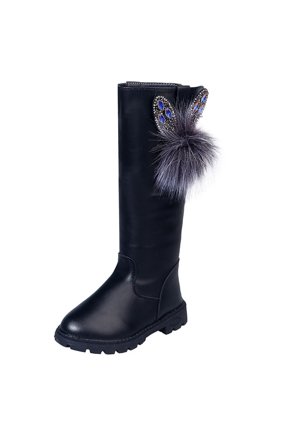Girls Boots Big Kids Girls Leather Knee High Boots Bow Pendant Riding Boots Waterproof Thick Sole Non Slip Zipper Shoes Size 11 (Black,Little Kids 11)