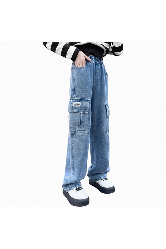 Girls Cargo Pants Girls Casual Denim Pants High Waist Jeans waist Wide Leg Baggy Pants with Pocket Kids Clothes Size 7-8 (Blue,7-8 Years)