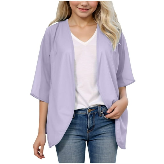 Gubotare Girls Chiffon Cardigans 3/4 Length Sleeve Lightweight Solid Loose Cover Up Teenager Summer Beach Casual Blouse Tops 3-14 Years (Purple,11-12 Years)