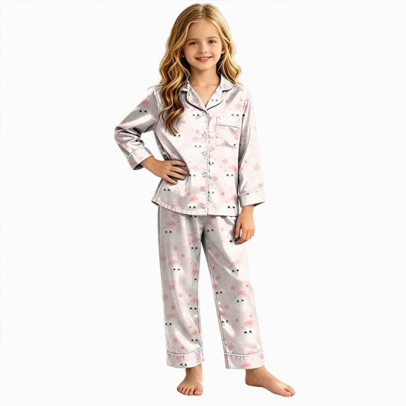 Gubotare Girls Christmas Pajamas in Satin with Button Down Front and Long Sleeve Holiday Loungewear Set Size 13-14,White