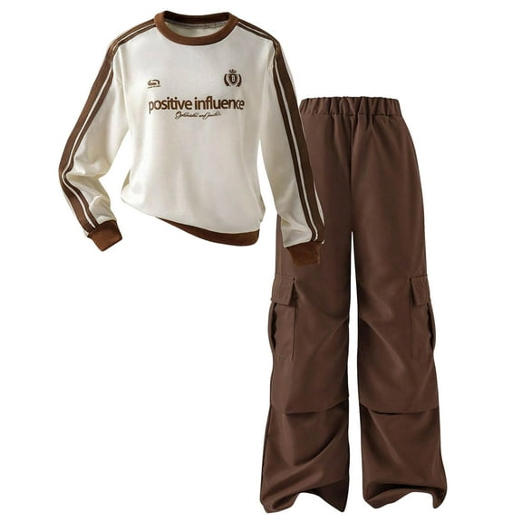 Gubotare Girls Clothes Winter Girls 2 Piece Casual Outfits Long Sleeve Tops Floral Print Legging Pant 2pc Kids Clothes Sets Size 11-12 (Khaki,11-12 Years)