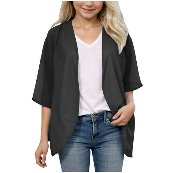 Gubotare Girls Cute Cardigans Summer Lightweight Chiffon Cardigan 3/4 Length Sleeve Boho Floral Beach Kids T Shirts for Girls 3-14 Years (Black,13-14 Years)