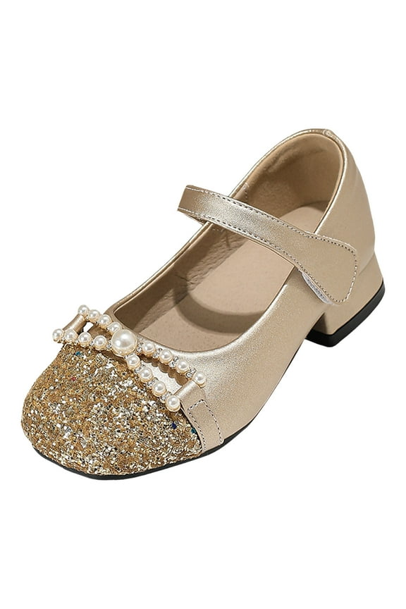 Girls Dress Shoes with Heel Girls Dress Shoes Low Heel Princess Shoes Mary Jane Pumps Flower Wedding Party Glitter Shoes for Kids Toddler (Gold,Big Kids 2)