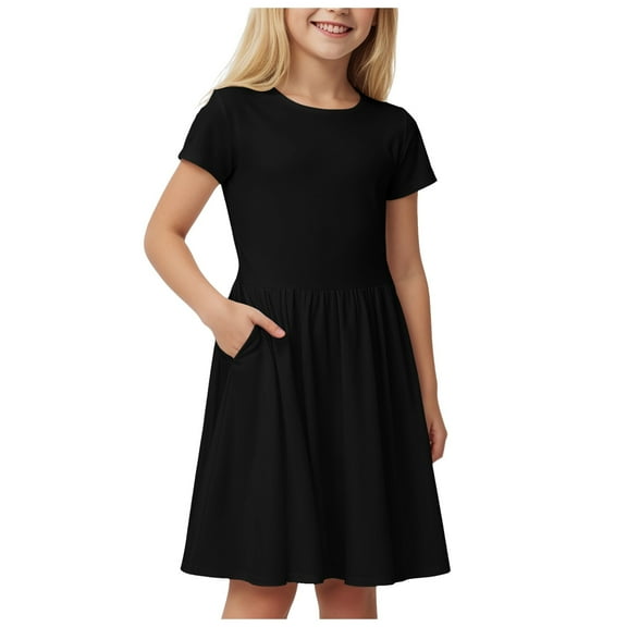 Gubotare Girls Dress Tie Dye Dress Clothes Kids Short Sleeve School Skater Dress Size 13-14T (Black,13-14 Years)