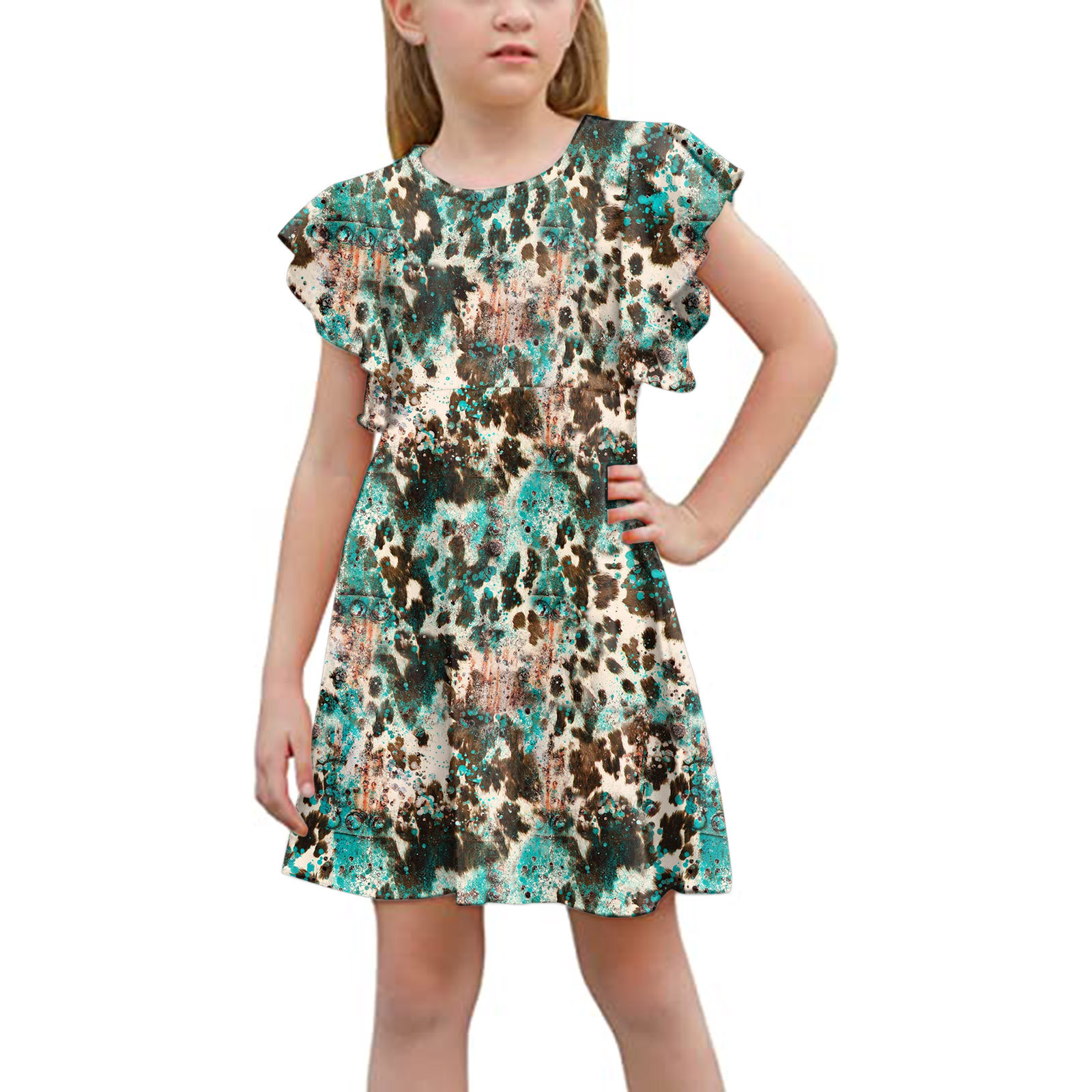 Gubotare Girls' Dresses Girls Ruffle Sleeve A-Line Swing Flared Floral Hem Boat Neck Loose Fit Summer Party Dress (Blue,3-4 Years)