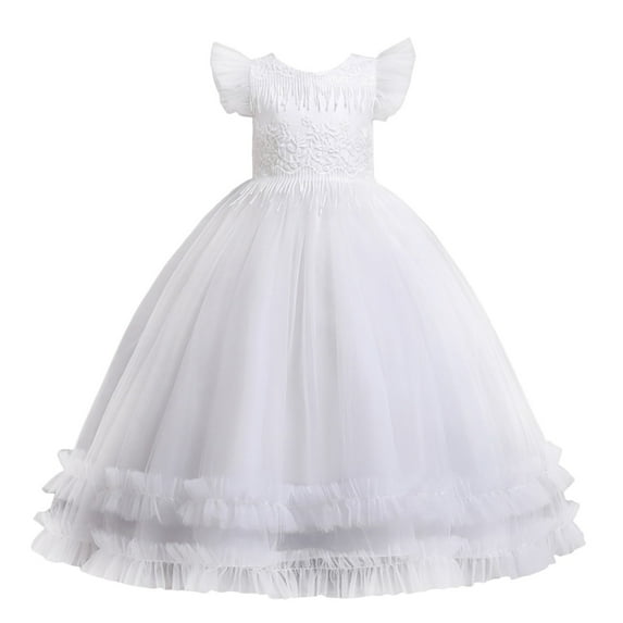 Gubotare Girls Dresses Special Occasion Flower Girl Dresses for Wedding Toddler Tulle Lace Applique Ball Gown Ruffles Long Sleeve Puffy Kids Pageant Dress (White,Size 9-10 Years)
