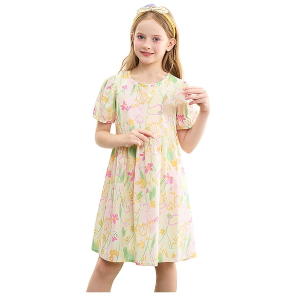 Gubotare Girls Dresses Summer Little Girls Dresses Summer Holiday Cute Cartoon Prints (Beige,Size 4-5 Years)