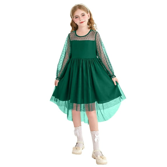 Gubotare Girls Dresses Tutu Girls Elegant Ruffle Long Sleeve Back Tie Dresses (Green,Size 9-10 Years)