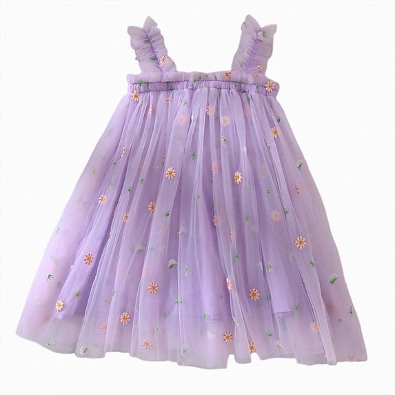 Gubotare Girls Embroidered Summer Dresses Toddler Kids Girls Summer Dress Sling Blue Floral Casual Dress Pattern Girls Party Dress Sleeveless 4T 5T (Purple,4-5 Years)