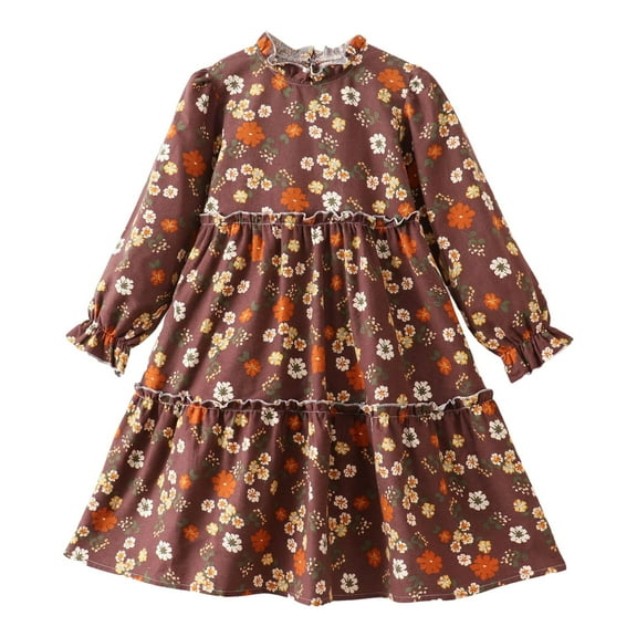 Gubotare Girls Fall Clothes Girls Long Sleeve Fall Floral Dress Round Neck Layered Hem Size 5T 6T(Brown,5-6 Years)