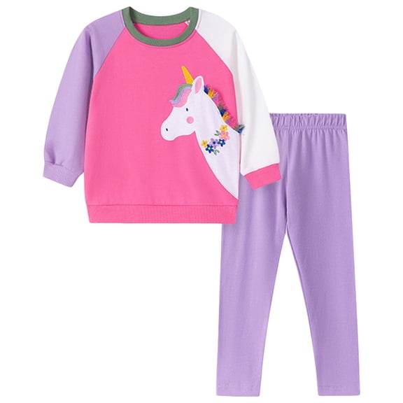 Gubotare Girls Fall Outfits Pattern Girl Fall Clothes Print Long Sleeve Sweatshirt Tops Elastic Waist Pants 2Pcs Outfits Size 6-7 (Pink,6-7 Years)