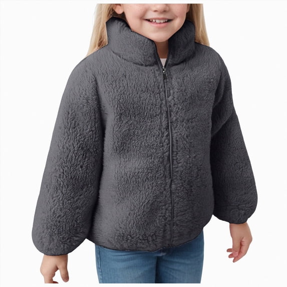 Gubotare Girls Fleece Jacket Kids Zip up Stand Collar Solid Sherpa Coat with Pockets Fall Winter Soft Warm Fuzzy Plush Outwear (Grey, 12-18 Months)