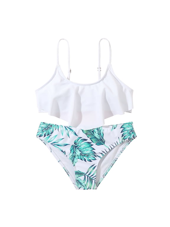 Girls Floral Printing Bathing Suits Ruffle Flounce Two Piece Swimsuits (White,10-11Years)