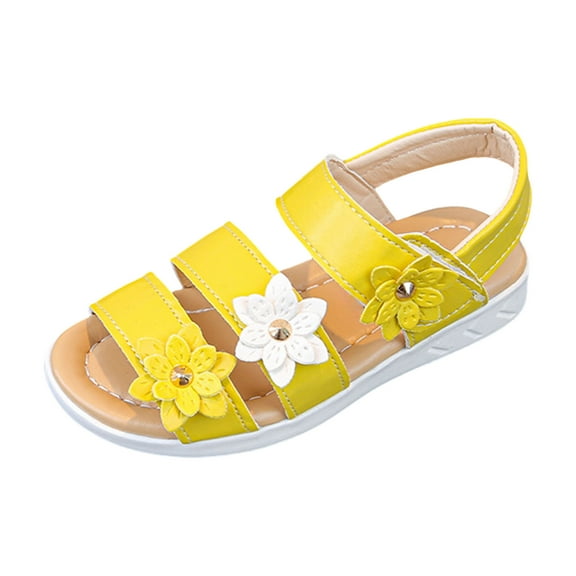 Gubotare Girls Flower Sandals Summer Open Toe Kids Flat Sandals Soft Sole Non Slip Rubber Shoes Double Straps Outdoor Size 1 (Yellow,Big Kids 1)
