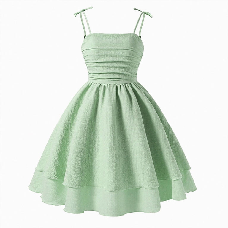 teen dresses for graduation Gubotare Girls Flowy Dress Bow Swing Smocked Ruffled Summer Dance Ruched Spaghetti Strap Mini (Green,10-11 Years) collection: print edition