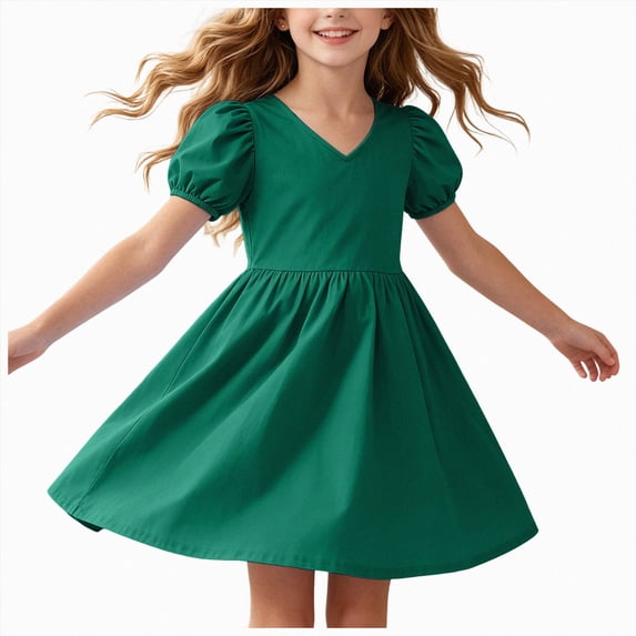 Gubotare Girls Flowy Dress Girls Ruched Dresses Teens Ruffle Flowy Tiered A Line Swing Dress for Girl Size 11-12 (Green,11-12 Years)