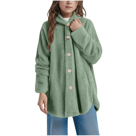 Gubotare Girls Full Zip Coat Girls Open Front Cardigan Coat Warm Fuzzy Trendy Winter Outerwear Jackets Tops Size 13-14,(Green 13-14 Years)