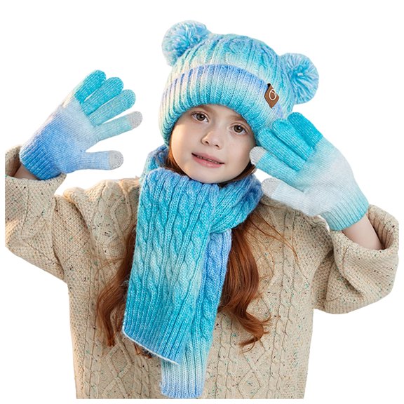 Gubotare Girls Gloves and Hat Set 3 Pcs Kids Winter Hat Gloves Scarf Set, Warm Soft Pom-Pom Beanie with Earmuffs for Boys Girls Toddlers (Blue,One Size)