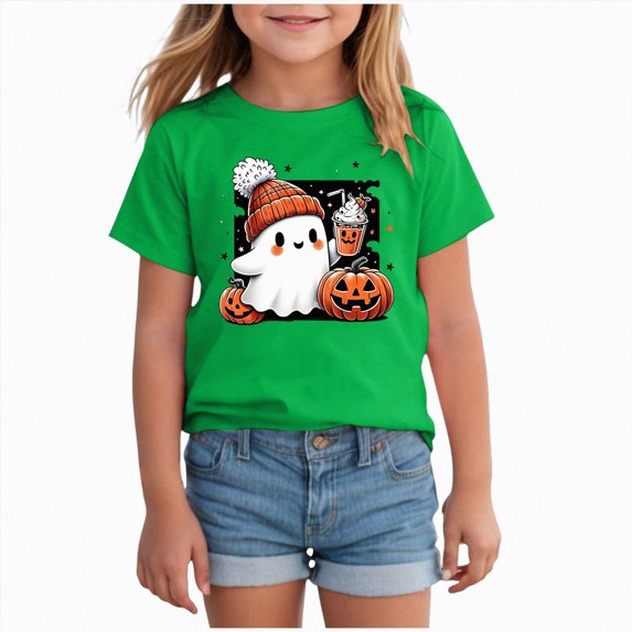 Gubotare Girls Halloween Shirts Girls' Toddler Short Sleeve Scoop Neck Tee T-Shirt 2T 3T (Green,2-3 Years)