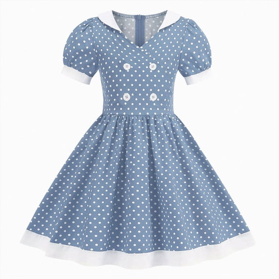 Gubotare Girls Holiday Dress Square Neck Polka Dot Dress Fitted Waist Summer Casual A-Line Dresses 5T 6T (Light Blue,5-6 Years)