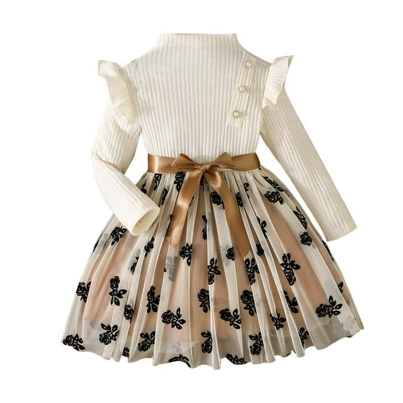 Gubotare Girls Holiday Dresses Baby Girl Tulle Dress Kids Heart Tutu Skirt Lace Puff Sleeve Princess Sundress 3T 4T (Beige,3-4 Years)