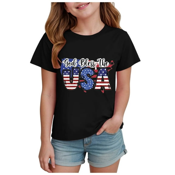 Gubotare Girls July 4th Shirts Girls' Short Sleeve Graphic T-Shirt,Tee with Fun Designs (Black,Size 3-4 Years)