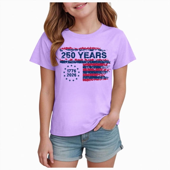 Gubotare Girls July 4th Shirts USA 250th Anniversary Girls 250th Independence Day T Shirt USA 1776-2026 Patriotic (Purple,11-12 Years)