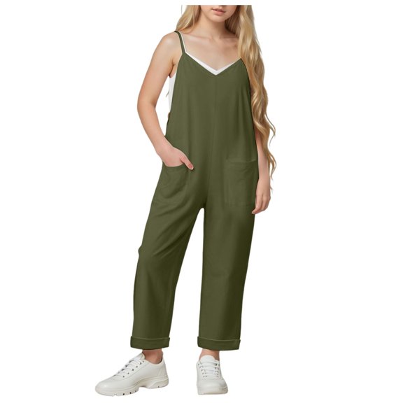 Gubotare Girls Jumpsuit Girls' Casual Summer Sleeveless Jumpsuits Loose One Piece Romper Overalls Outfits Size 9-10T (Dark Green,9-10 Years)