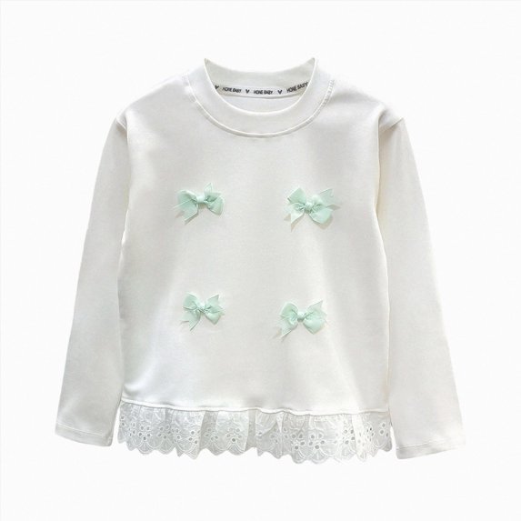 Gubotare Girls Lace Hem Bow Decor Ribbed Long Sleeve Casual Toddler Tops Ruffled Edge Cute for School Daily Wear Party Outings 3T 4T (White,3-4 Years)