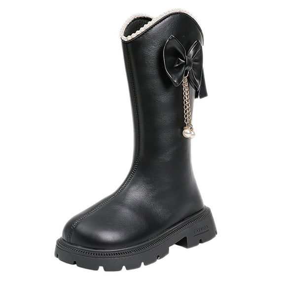 Gubotare Girls Lace Up Riding Boots Girls Leather Riding Knee High Boots with Side Zipper Fashion Round Toe Comfortable Low Heel Lace Up Combat Boots Sole Motorcycle Boots Size 1 (Black,Big Kids 1)