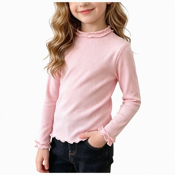Gubotare Girls Long Sleeve Ruffle Mock Neck Shirts Kids Long Sleeve Top Layering Base Tee Crewneck Tops 2T 3T (Pink,2-3 Years)