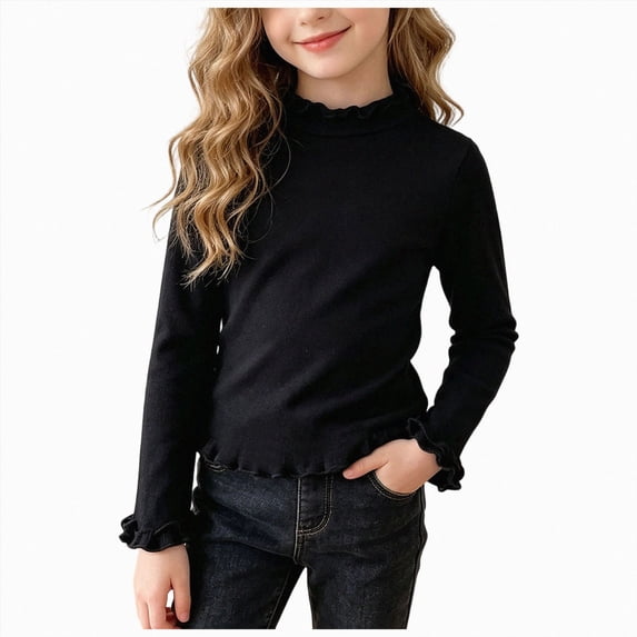 Gubotare Girls Long Sleeve Ruffle Mock Neck Shirts Kids Long Sleeve Top Layering Base Tee Crewneck Tops 3T 4T (Black,3-4 Years)