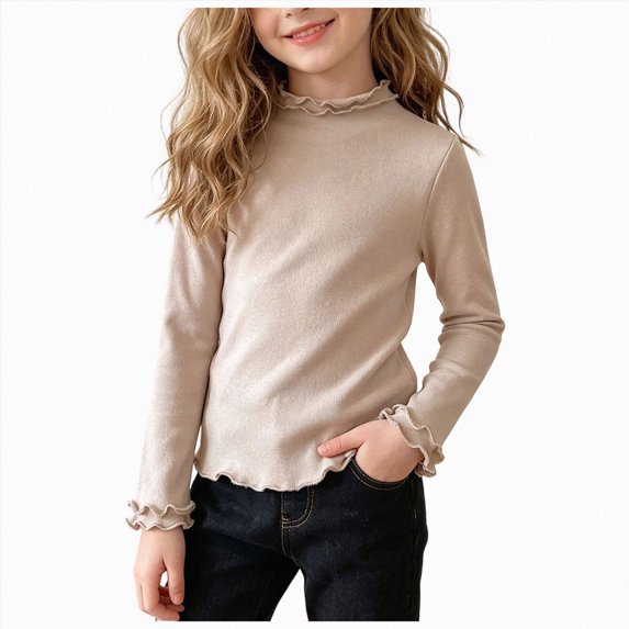 Gubotare Little Girls Shirts Girls Long Sleeve Ruffle Mock Neck Shirts Kids Long Sleeve Top Layering Base Tee Crewneck Tops 7T 8T