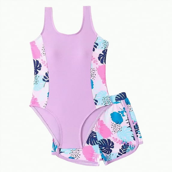 Gubotare Girls One Piece Swimsuit Girls One Piece Swimsuits Bathing Suit with Wide Straps Hawaiian Summer Swimwear for Girls Size 5-6 (Purple,5-6 Years)