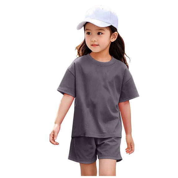 Gubotare Girls Outfit Sets Toddler Baby Girl Summer Clothes Ribbed Knitted Short Sleeve T-Shirt Tops Ruffle Shorts Set 2Pcs Bow Outfit 6T 7T (Dark Gray,6-7 Years)