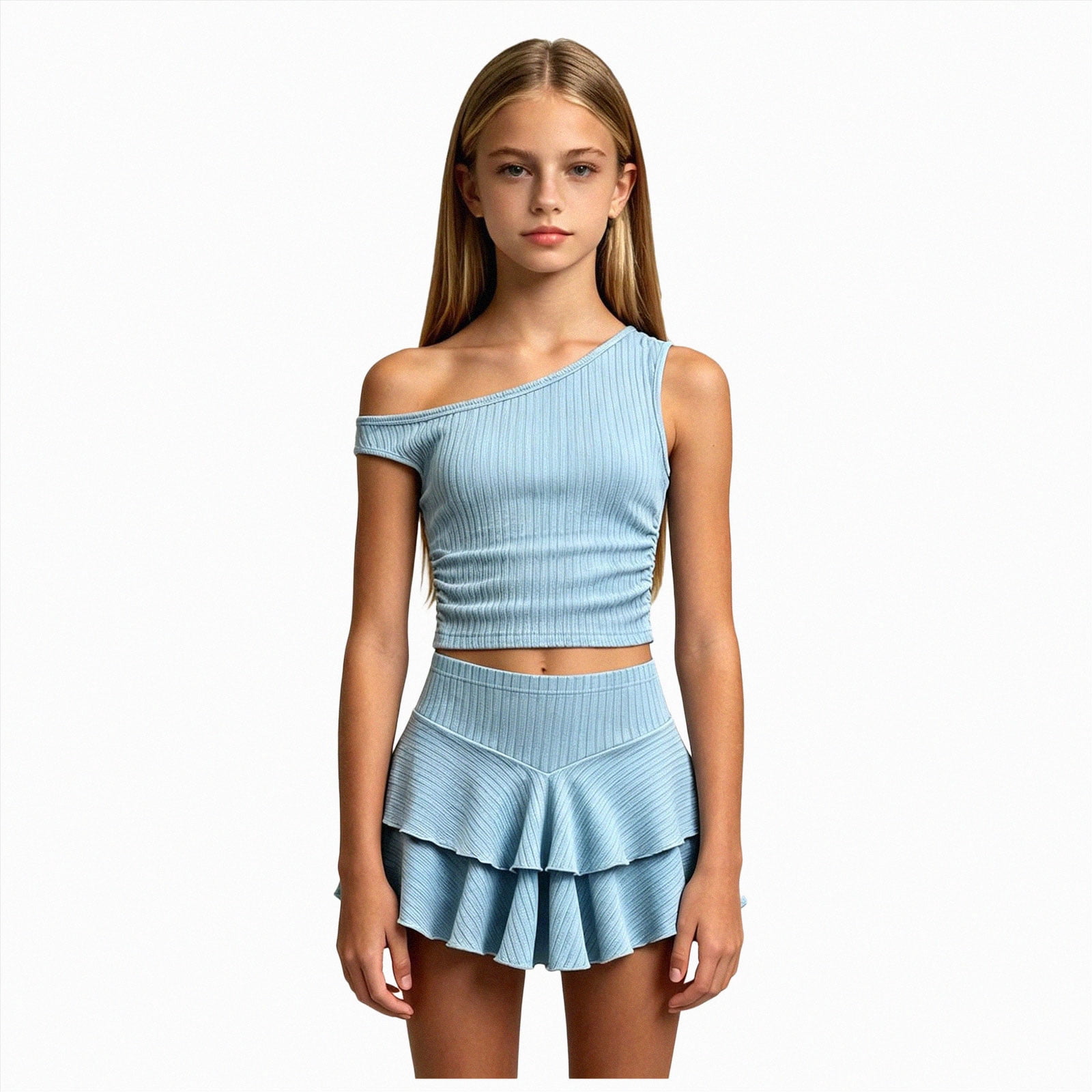 Girls Outfits Pre Teen Girls 2 Piece Outfit Short Sleeve T-Shirt and Fashion Skirt Birthday Party Set Size 14 (Sky Blue,14 Years)