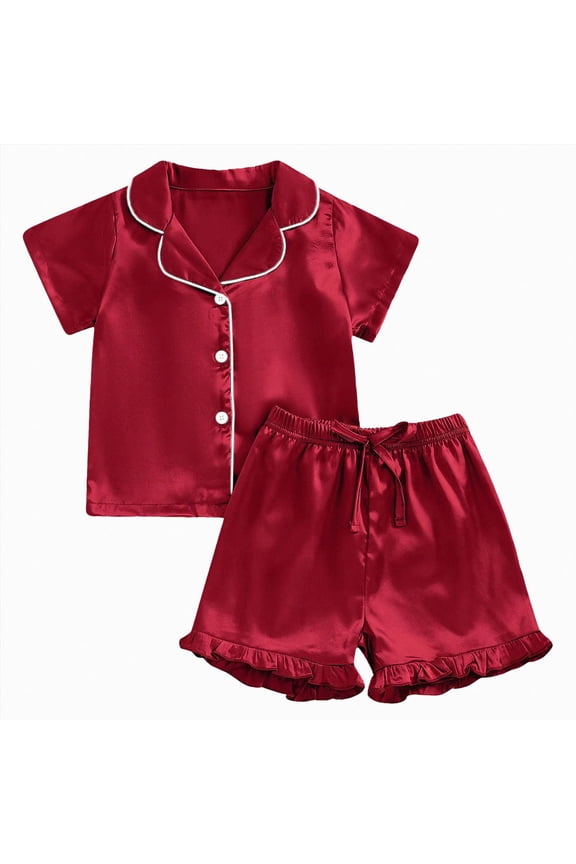 Girls Pajama Sets Sleepwear Button Down Short Sleeve with Ruffle Shorts PJS Size 8-9 (Wine,8-9 Years)