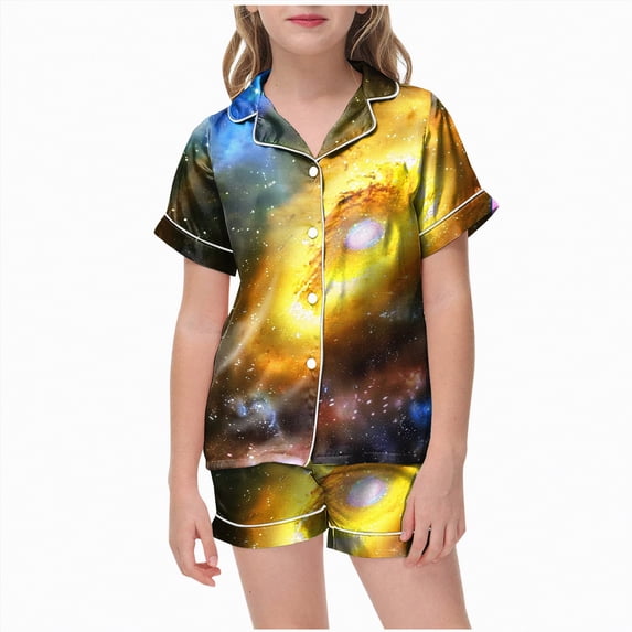 Gubotare Girls' Pajama Sets Toddler Kids Toddler Girl Pajamas Short Sleeve Button Down Shirt Top and Shorts 2pcs Pjs Sets Sleepwear Size 6-7 (Yellow,6-7 Years)