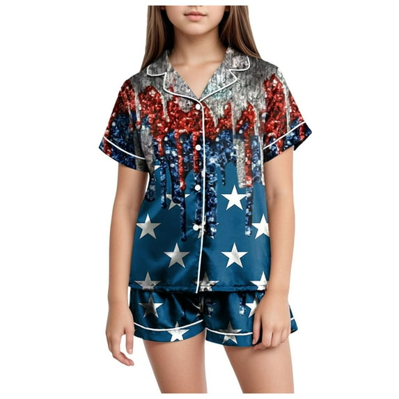 Gubotare Girls Pajamas Girls Button Front Top and Shorts Pajama Set, 2-Piece (Navy,Size 8-9 Years)