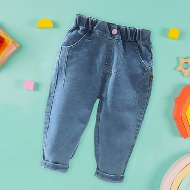 Gubotare Girls Pants Girls Casual Denim Pants High Waist Jeans Elastic Wasit Wide Leg Baggy Pants With Pocket Kids (C,9-12 Months)